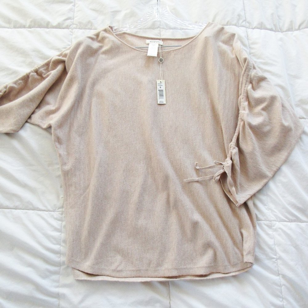 MAX STUDIO Dolman Long Sleeve Knit With Ruched Tie Sleeves in Oat Brown-S - Picture 1 of 10